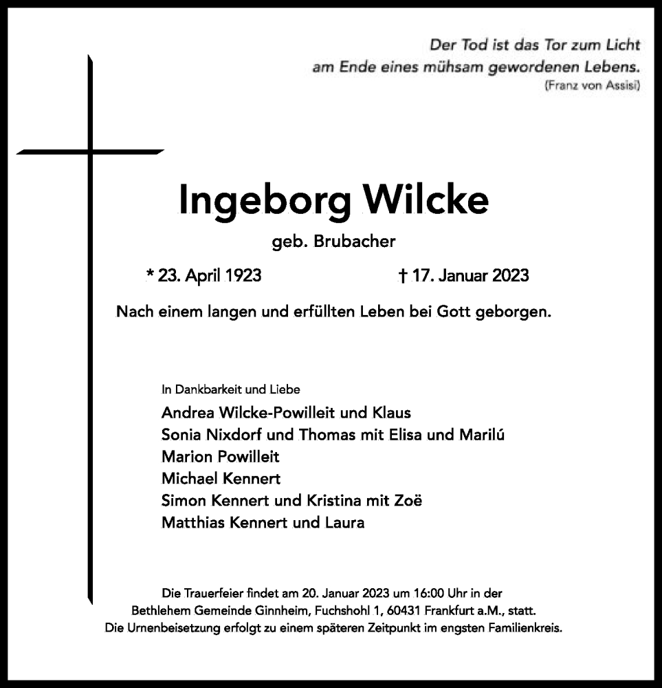  Traueranzeige für Ingeborg Wilcke vom 20.01.2023 aus FNP