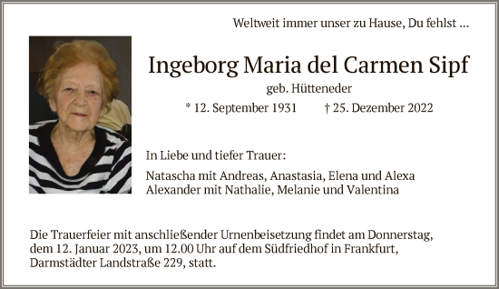 Traueranzeige von Ingeborg Maria del Carmen Sipf von FNP