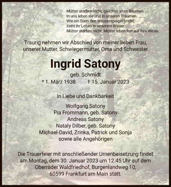 Traueranzeige von Ingrid Satony von FNP