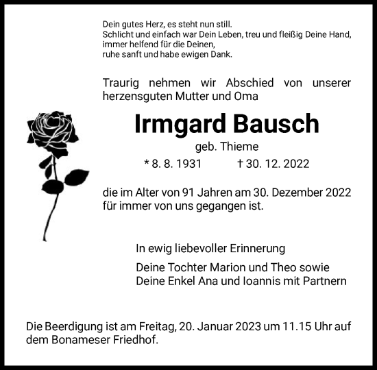 Traueranzeige von Irmgard Bausch von FNP