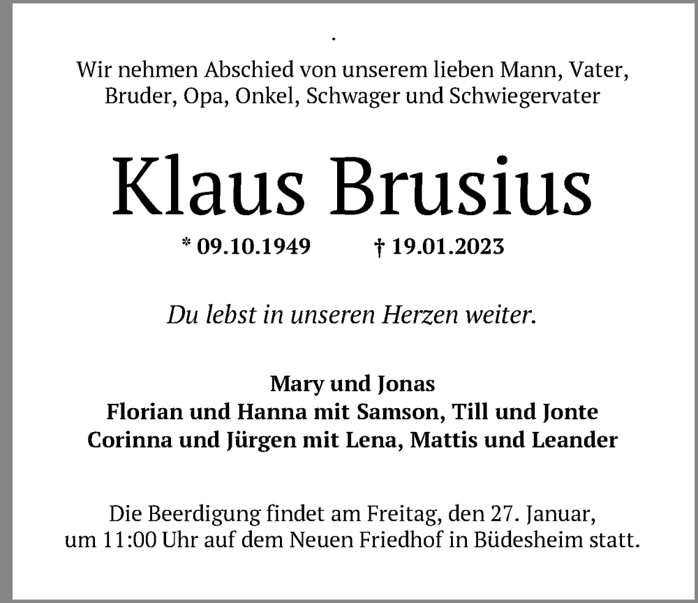  Traueranzeige für Klaus Brusius vom 25.01.2023 aus FNP