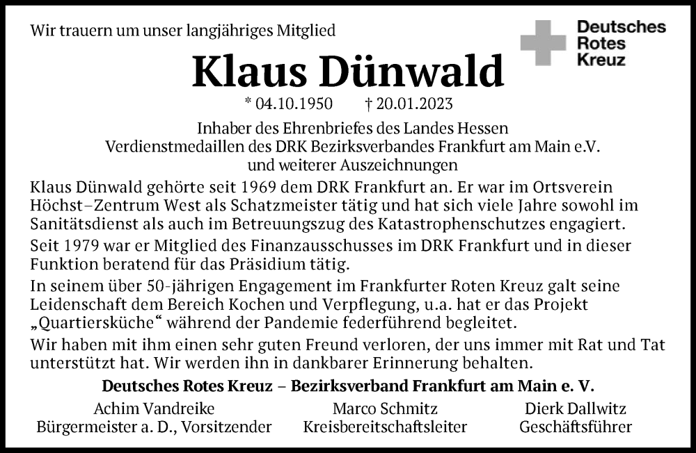  Traueranzeige für Klaus Dünwald vom 28.01.2023 aus FNP