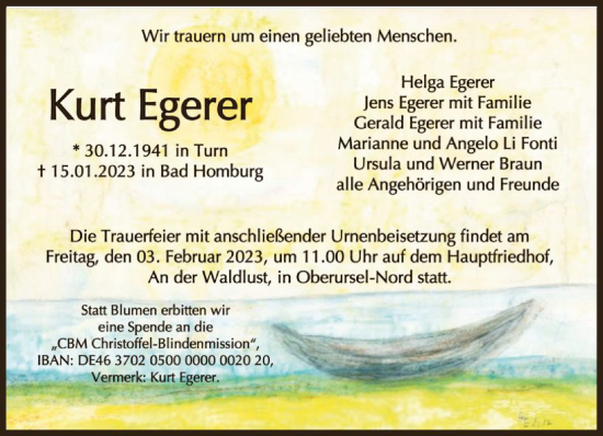 Traueranzeige von Kurt Egerer von FNP