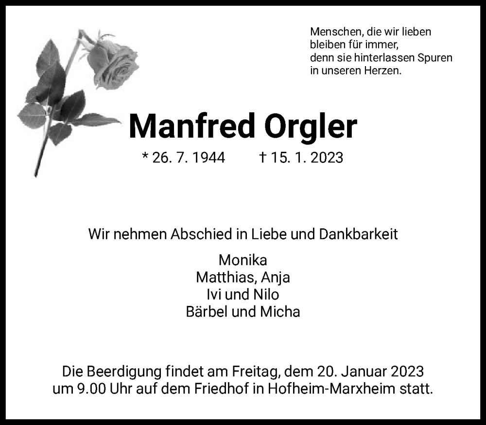  Traueranzeige für Manfred Orgler vom 18.01.2023 aus FNP