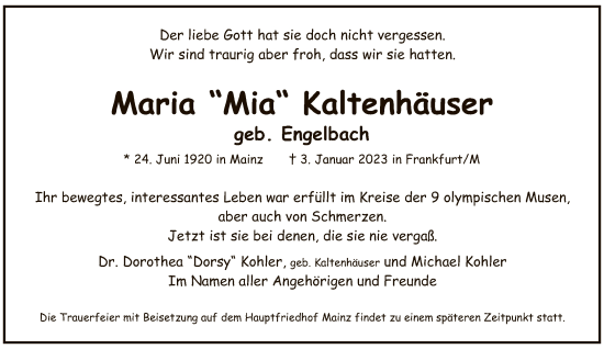 Traueranzeige von Maria Kaltenhäuser von FNP