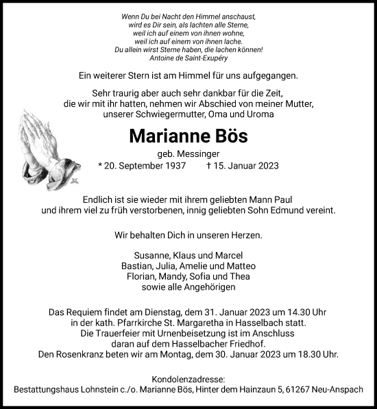 Traueranzeige von Marianne Bös von FNP