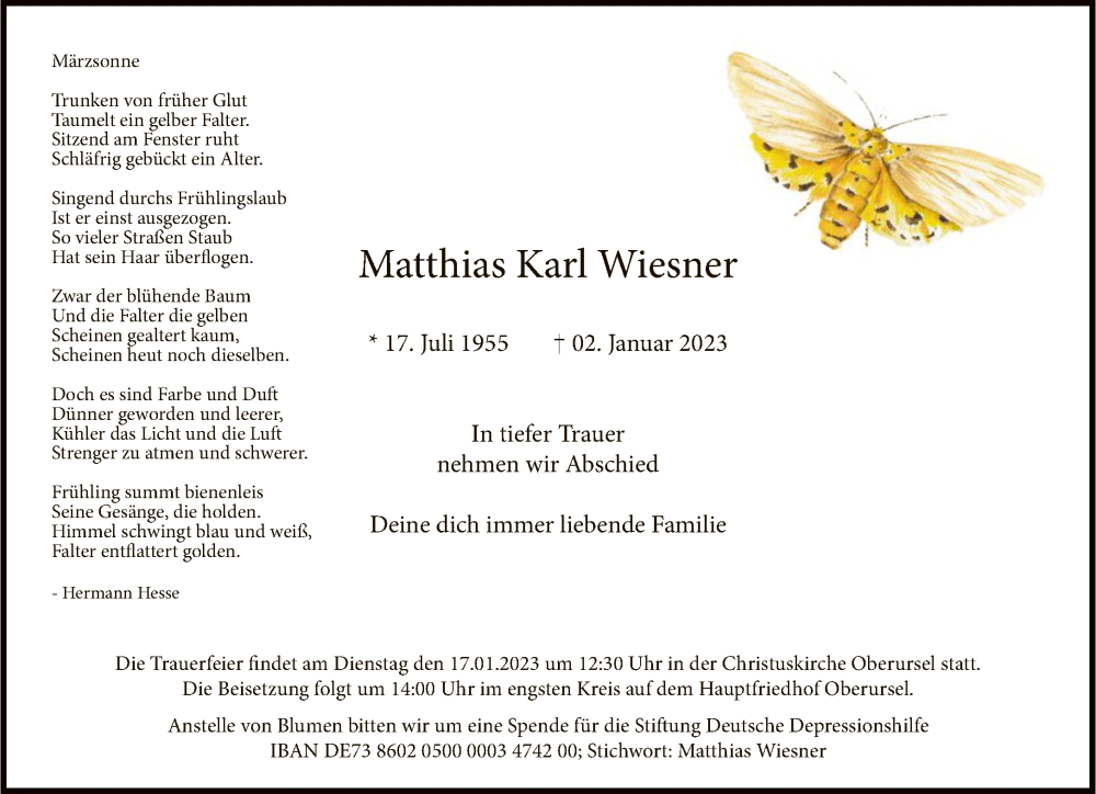  Traueranzeige für Matthias Karl Wiesner vom 07.01.2023 aus FNP