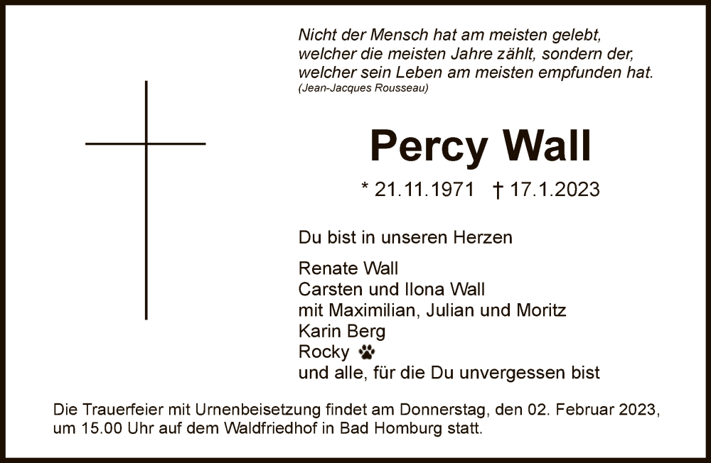  Traueranzeige für Percy Wall vom 21.01.2023 aus FNP