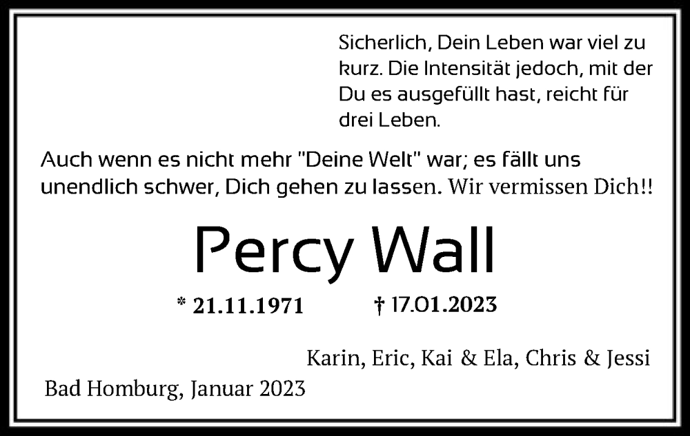  Traueranzeige für Percy Wall vom 28.01.2023 aus FNP