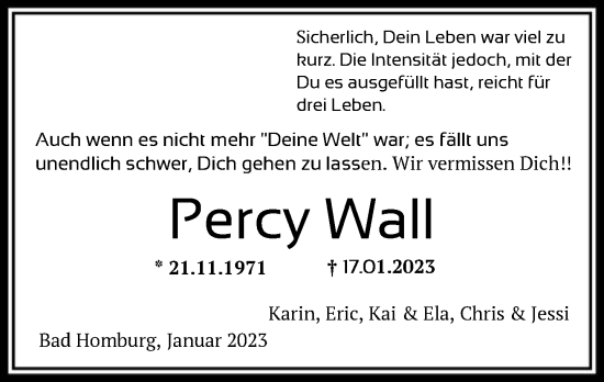 Traueranzeige von Percy Wall von FNP