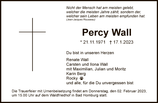 Traueranzeige von Percy Wall von FNP