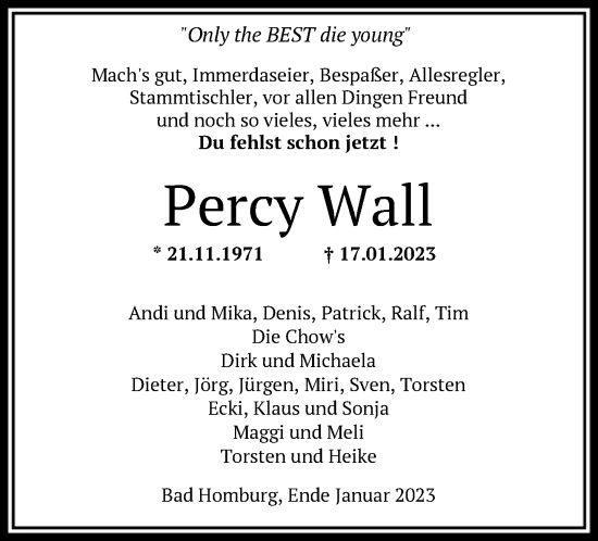 Traueranzeige von Percy Wall von FNP