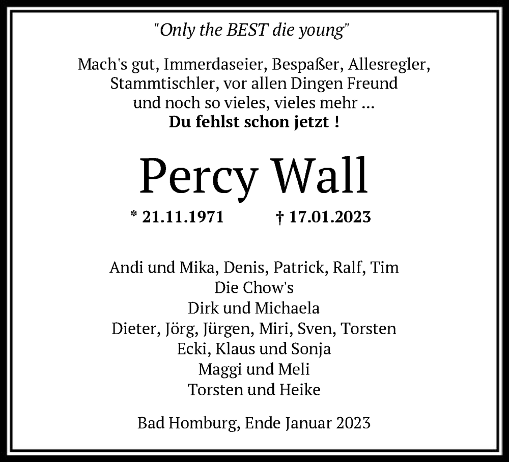  Traueranzeige für Percy Wall vom 01.02.2023 aus FNP