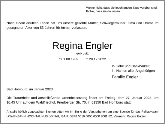 Traueranzeige von Regina Engler von FNP