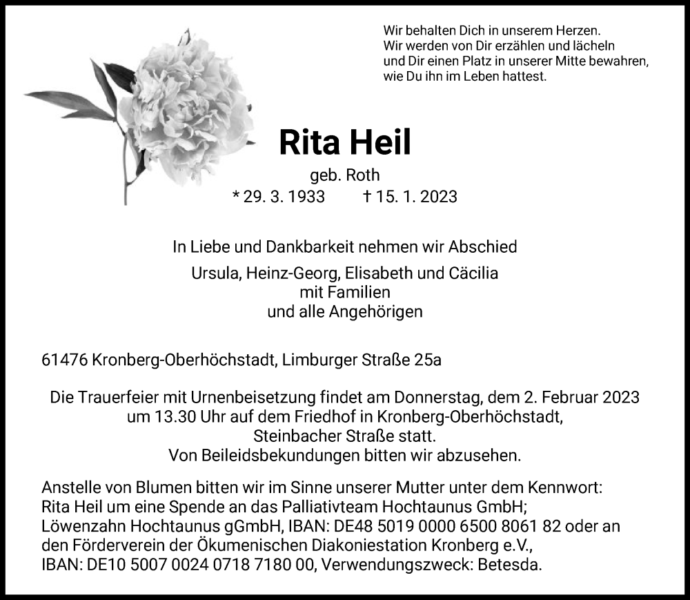  Traueranzeige für Rita Heil vom 21.01.2023 aus FNP