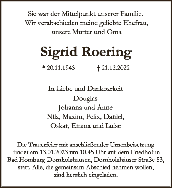 Traueranzeige von Sigrid Roering von FNP