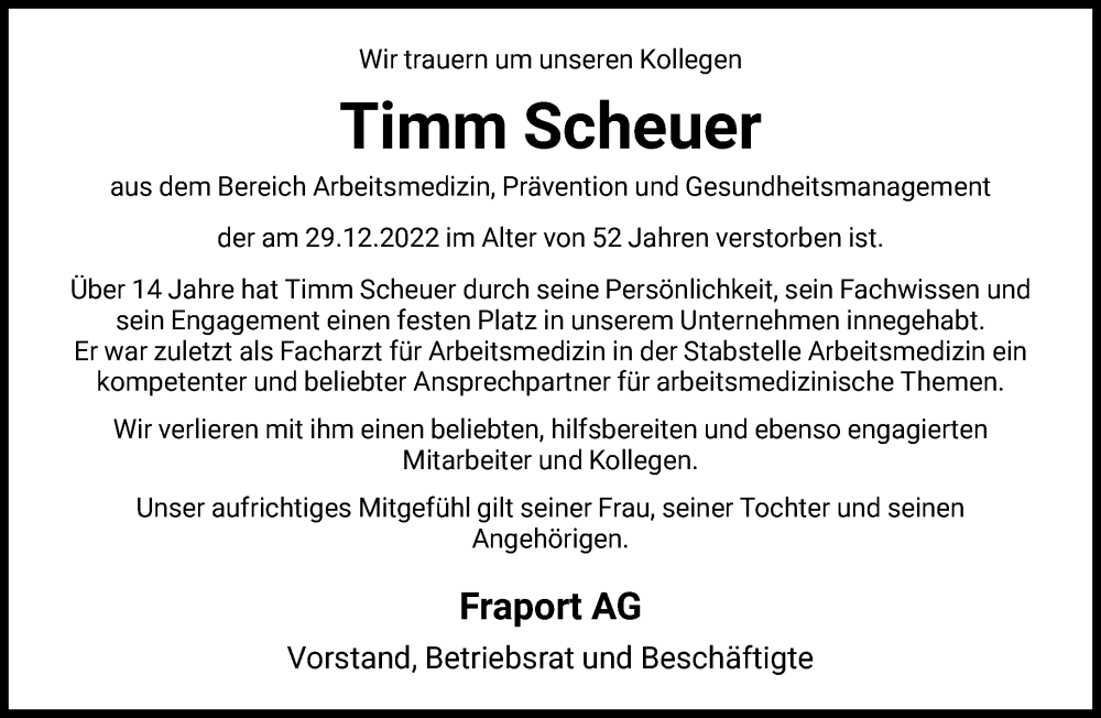  Traueranzeige für Timm Scheuer vom 04.01.2023 aus FNP