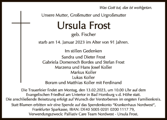 Traueranzeige von Ursula Frost von FNP