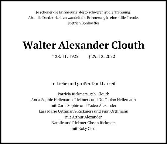 Traueranzeige von Walter Clouth von FNP