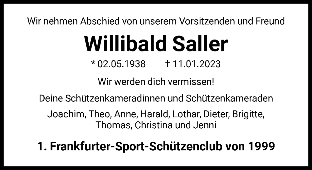  Traueranzeige für Willibald Saller vom 14.01.2023 aus FNP