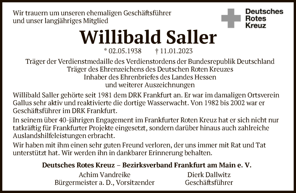  Traueranzeige für Willibald Saller vom 18.01.2023 aus FNP