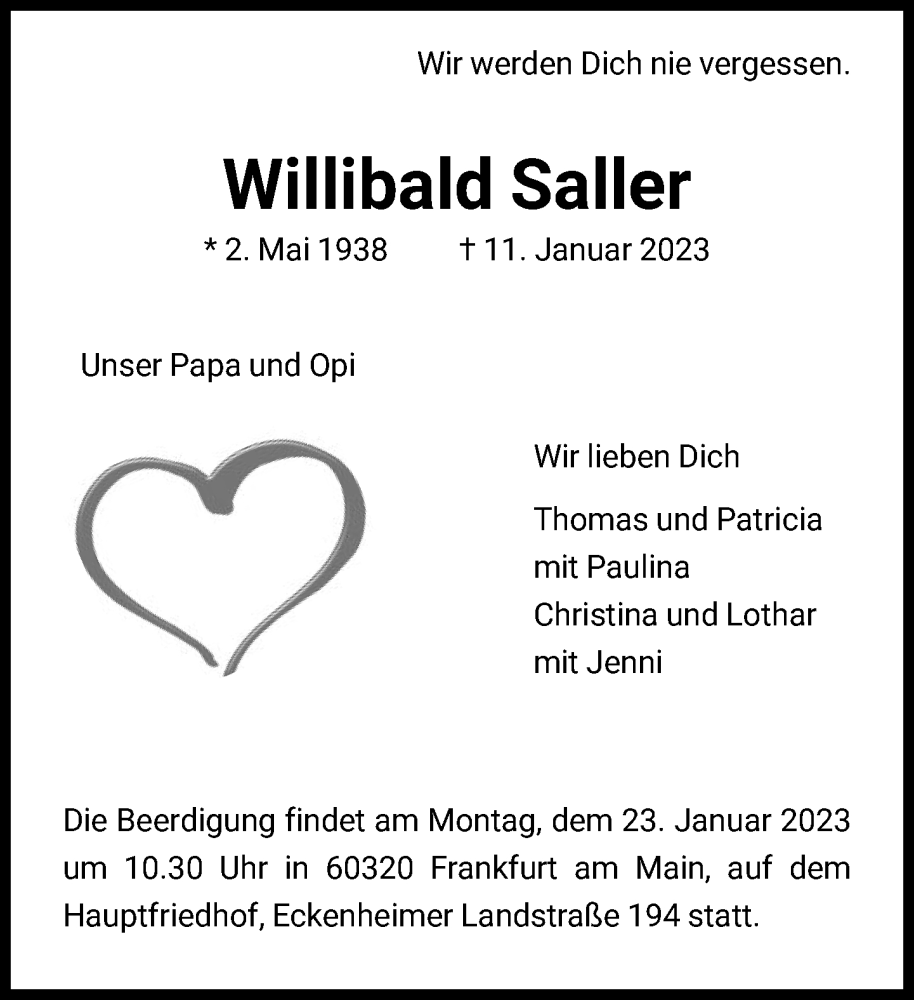  Traueranzeige für Willibald Saller vom 14.01.2023 aus FNP