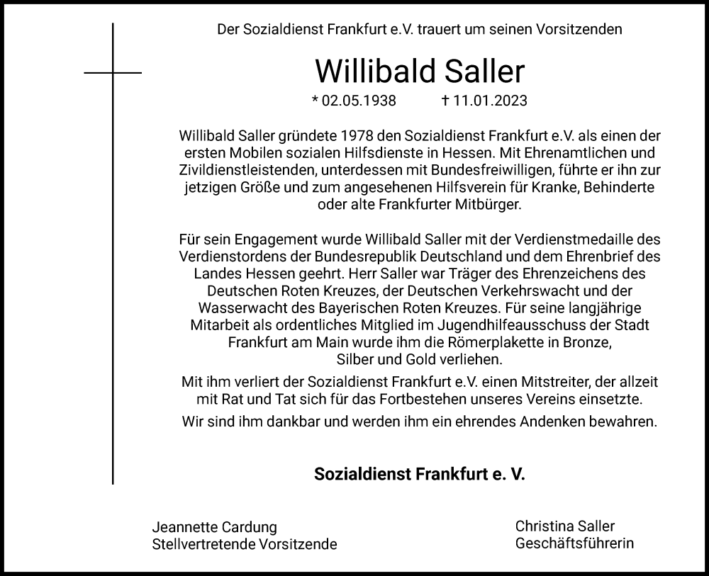  Traueranzeige für Willibald Saller vom 14.01.2023 aus FNP