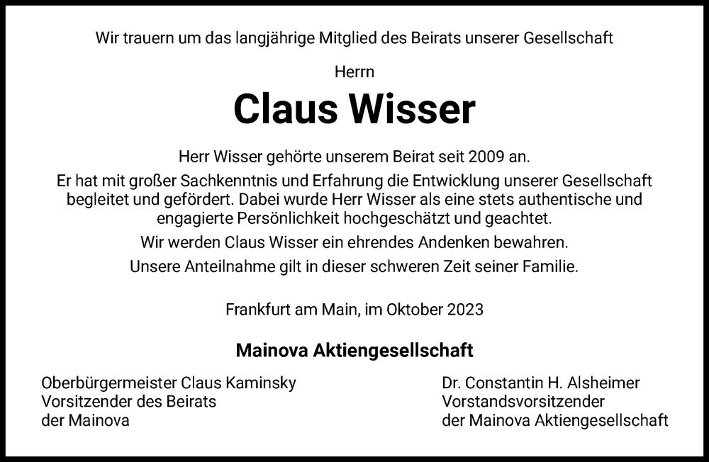  Traueranzeige für Claus Wisser vom 14.10.2023 aus FNP