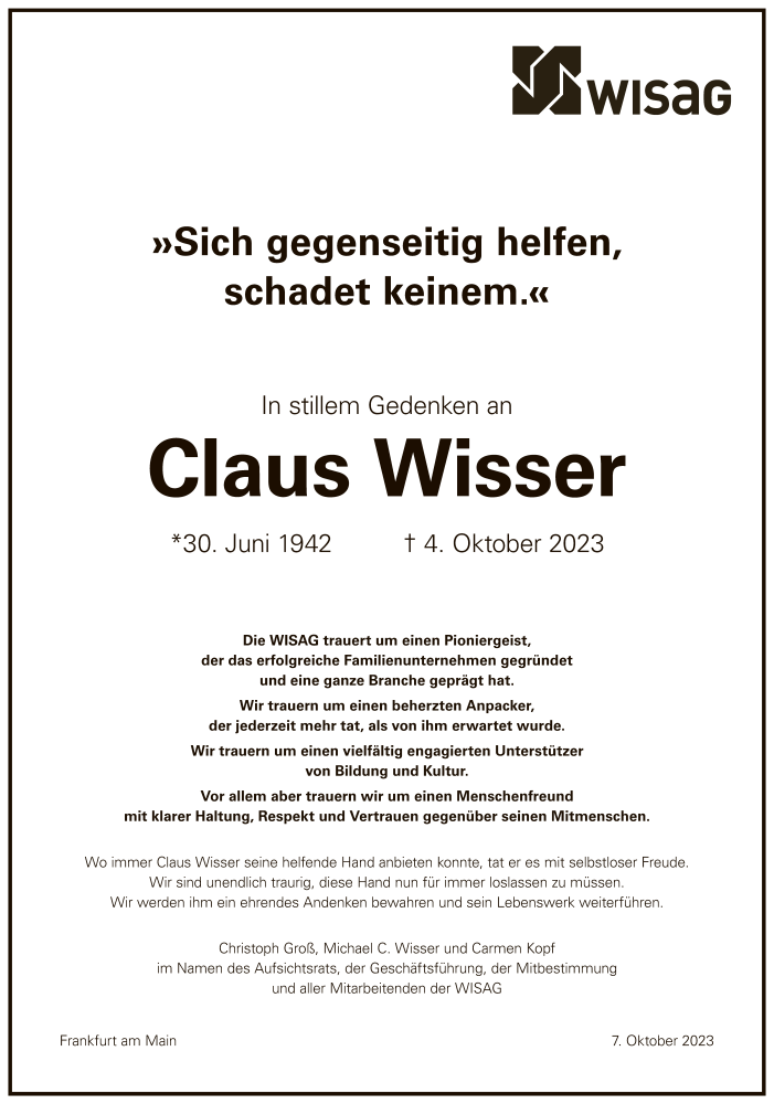  Traueranzeige für Claus Wisser vom 07.10.2023 aus FNP