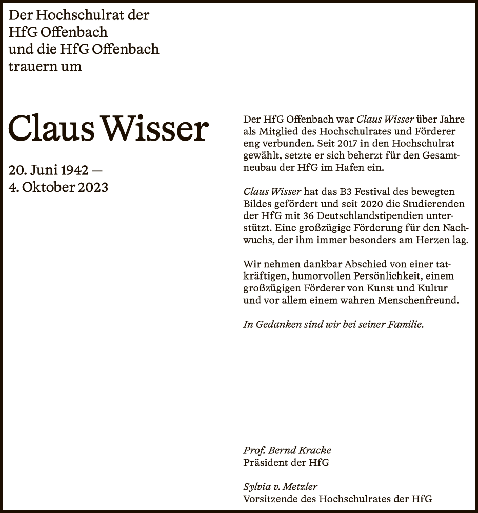  Traueranzeige für Claus Wisser vom 14.10.2023 aus FNP