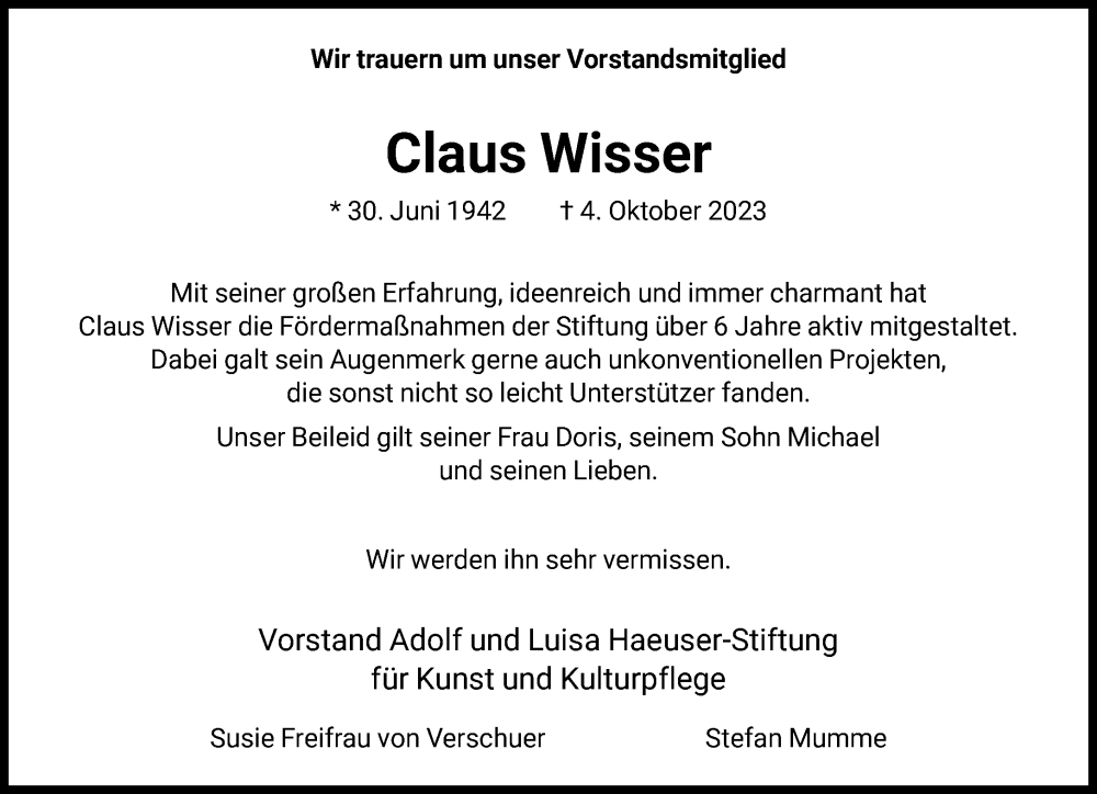  Traueranzeige für Claus Wisser vom 14.10.2023 aus FNP