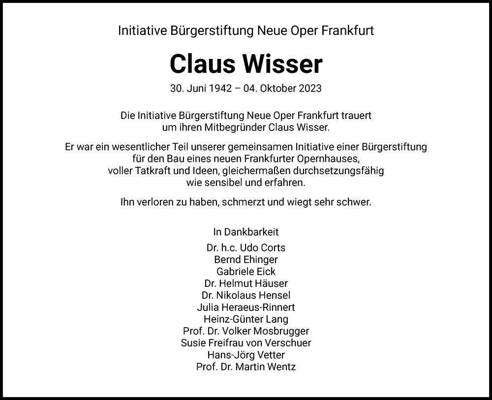  Traueranzeige für Claus Wisser vom 07.10.2023 aus FNP