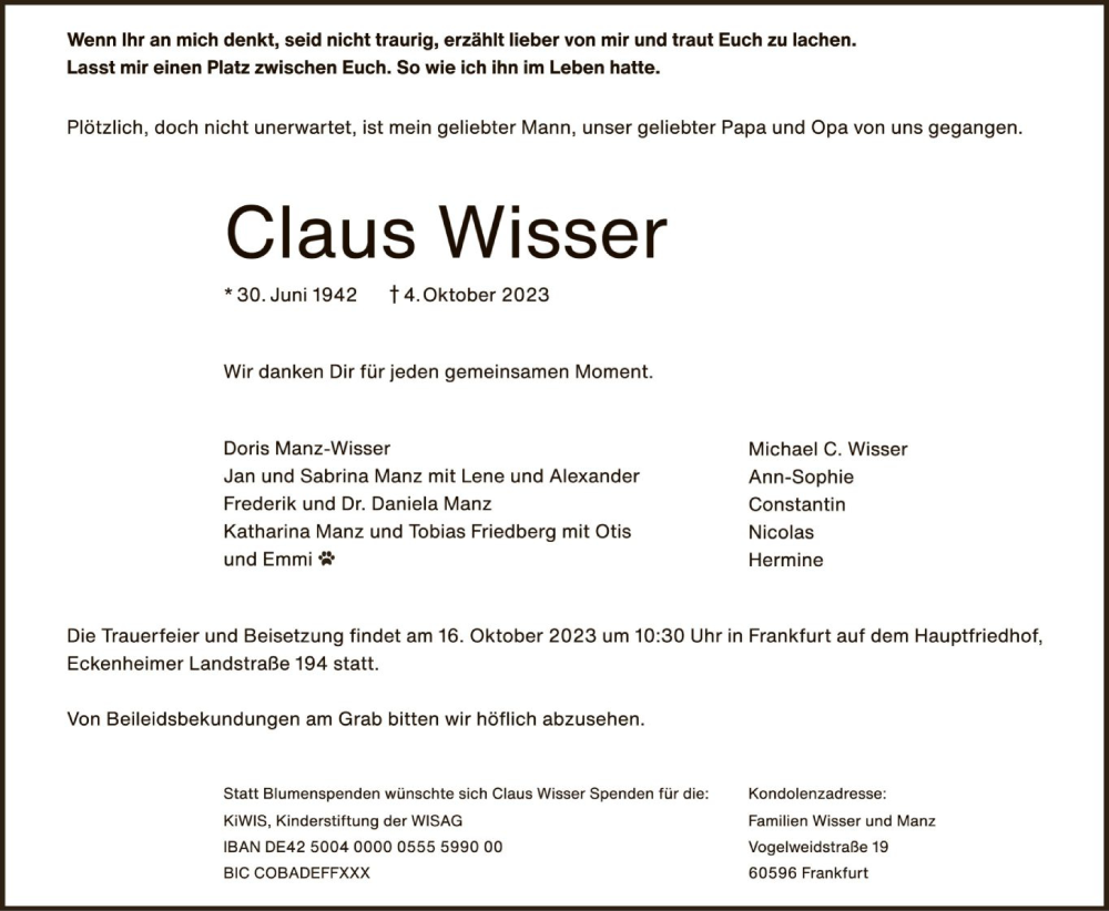  Traueranzeige für Claus Wisser vom 07.10.2023 aus FNP