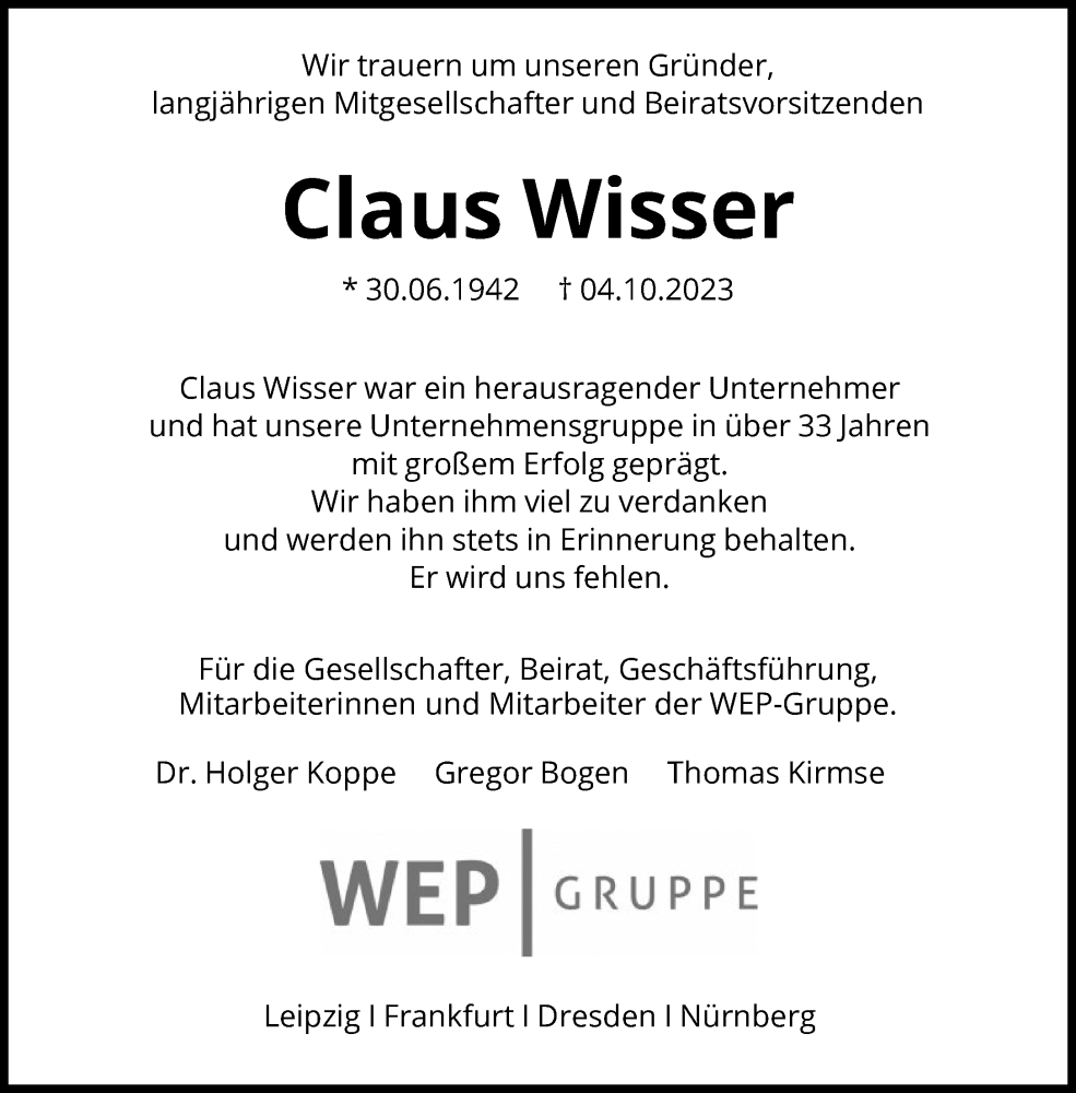  Traueranzeige für Claus Wisser vom 11.10.2023 aus FNP