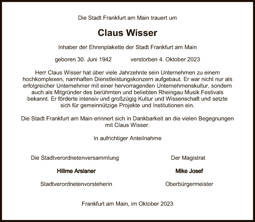  Traueranzeige für Claus Wisser vom 07.10.2023 aus FNP