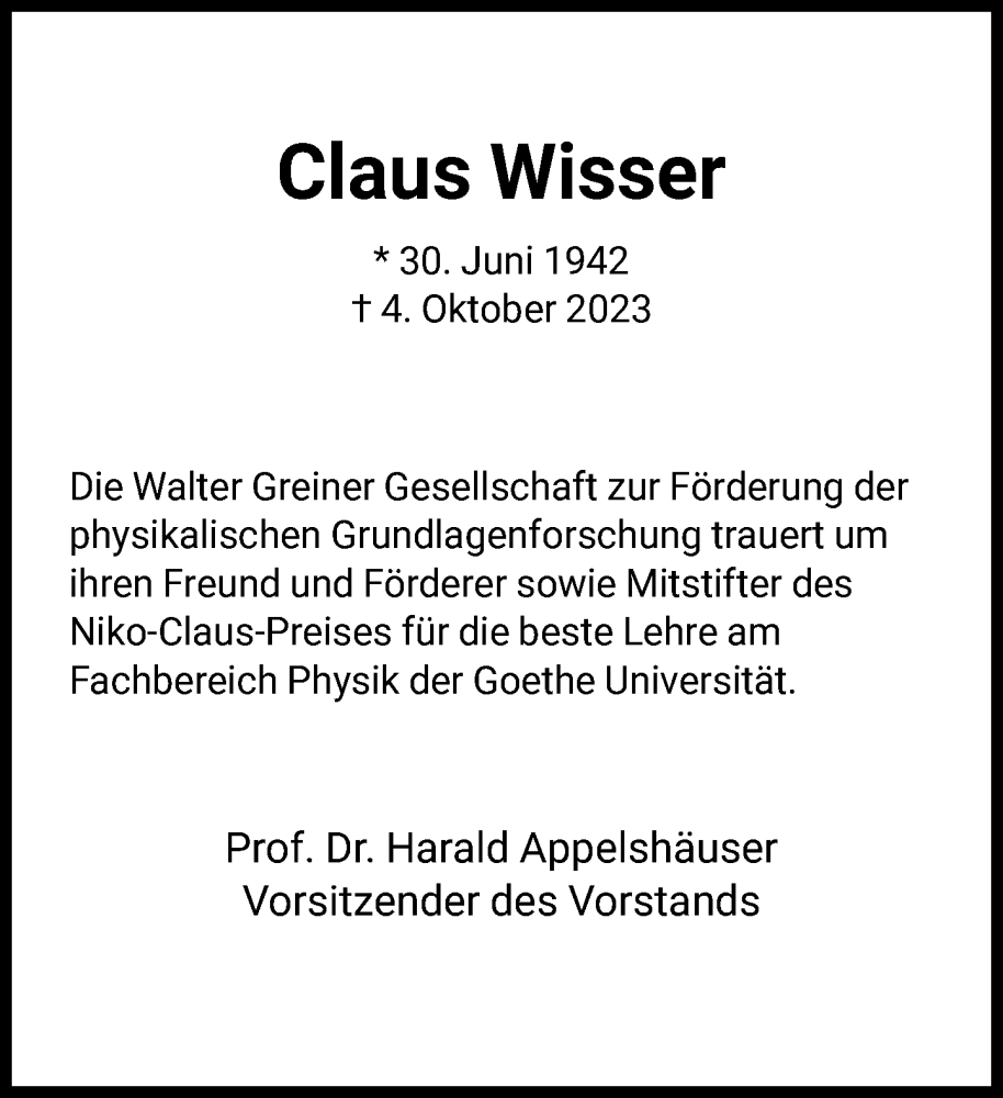  Traueranzeige für Claus Wisser vom 14.10.2023 aus FNP