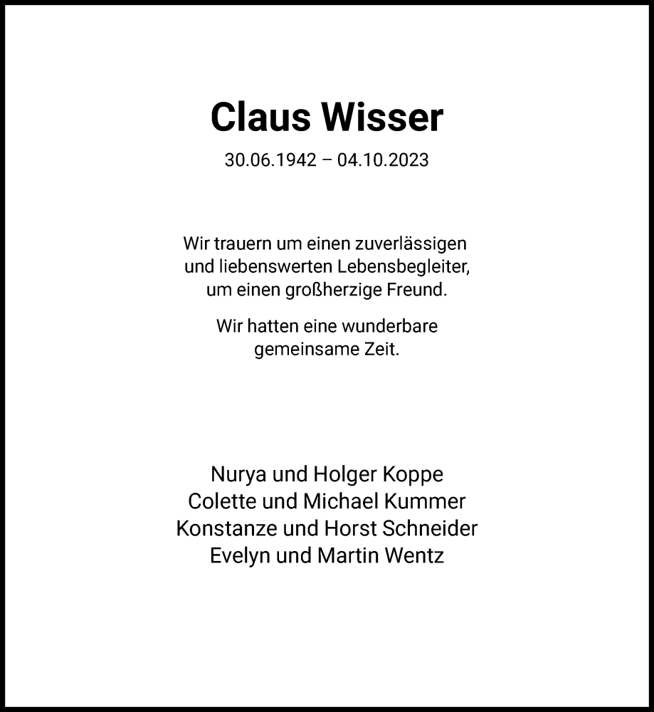  Traueranzeige für Claus Wisser vom 07.10.2023 aus FNP