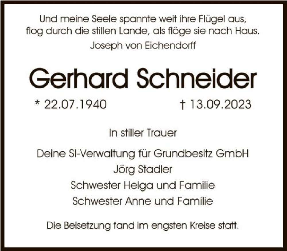  Traueranzeige für Gerhard Schneider vom 21.10.2023 aus FNP