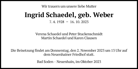 Traueranzeige von Ingrid Schaedel von FNP