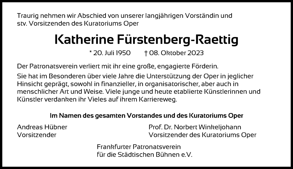  Traueranzeige für Katherine Fürstenberg-Raettig vom 14.10.2023 aus FNP