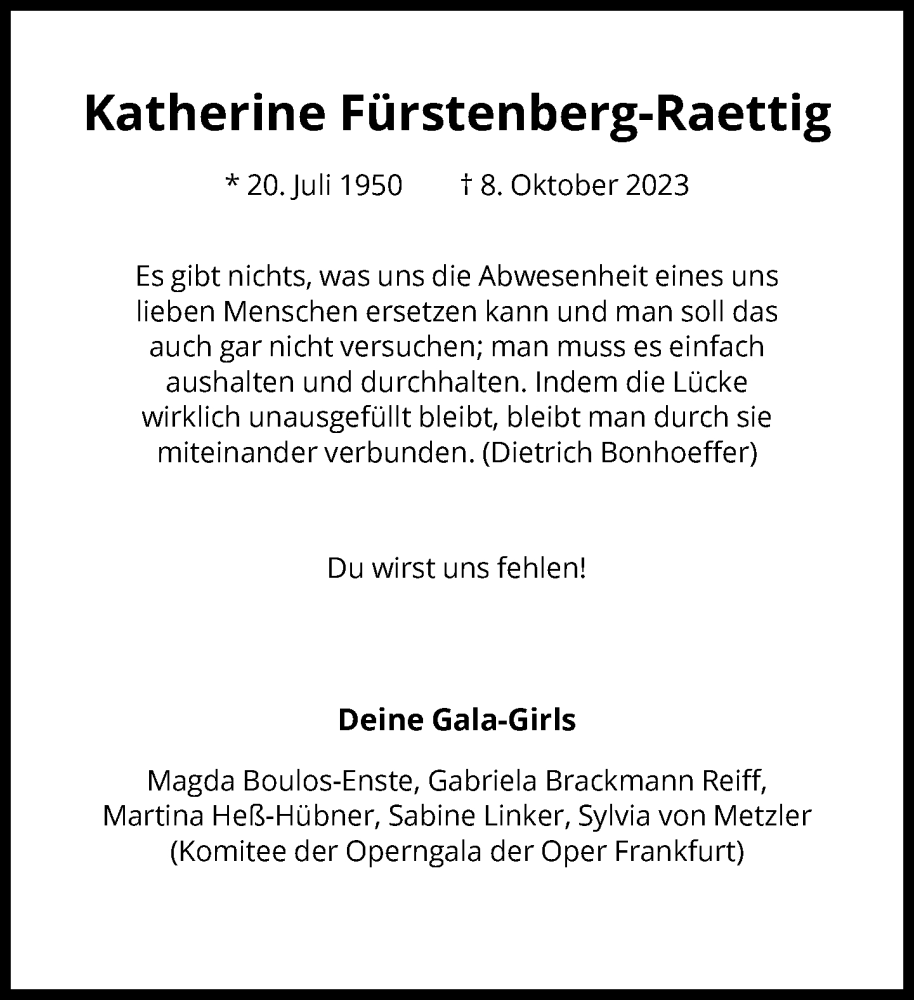  Traueranzeige für Katherine Fürstenberg-Raettig vom 14.10.2023 aus FNP