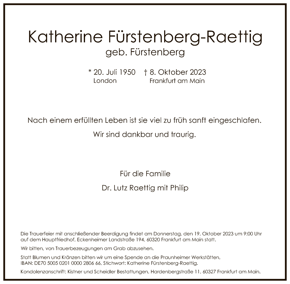  Traueranzeige für Katherine Fürstenberg-Raettig vom 14.10.2023 aus FNP