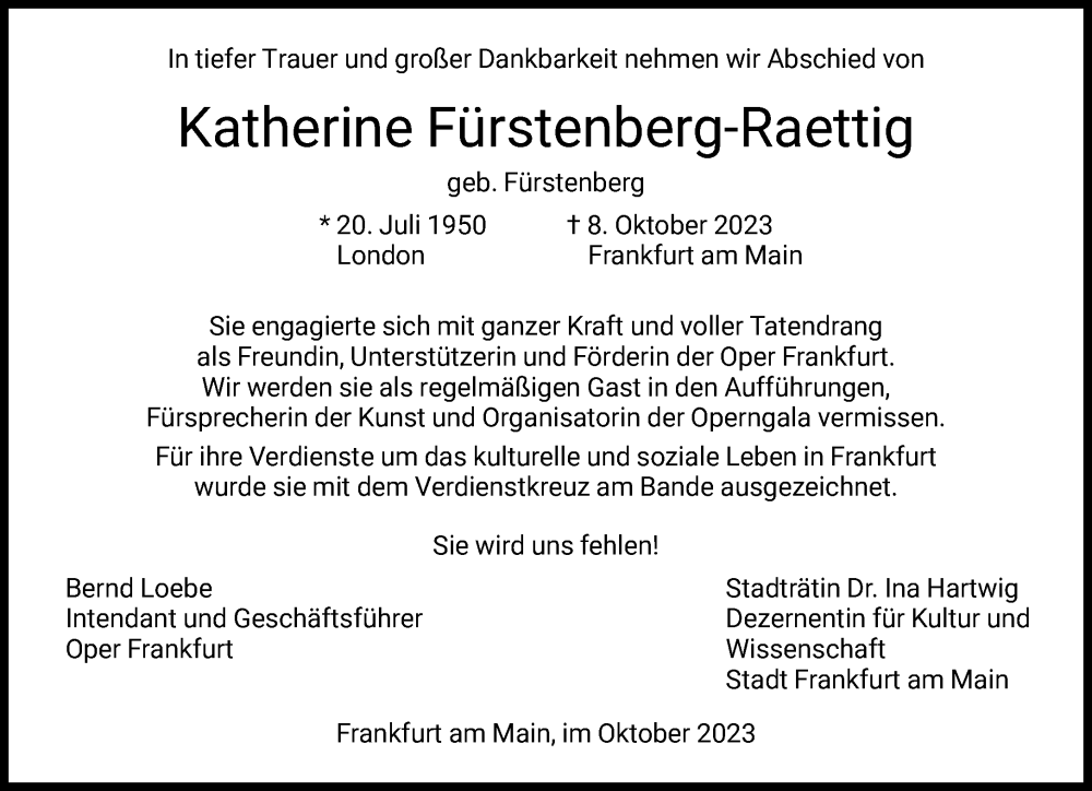  Traueranzeige für Katherine Fürstenberg-Raettig vom 14.10.2023 aus FNP