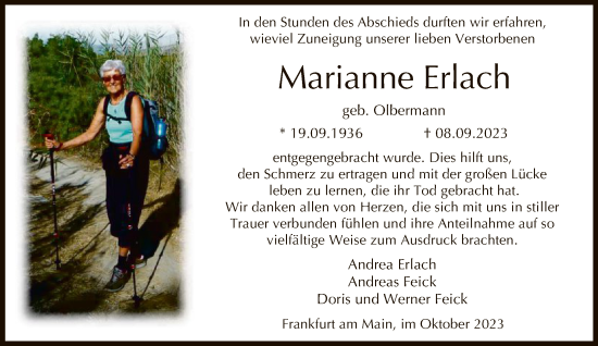 Traueranzeige von Marianne Erlach von FNP