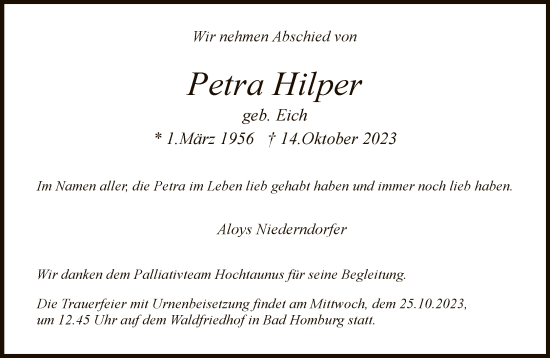 Traueranzeige von Petra Hilper von FNP