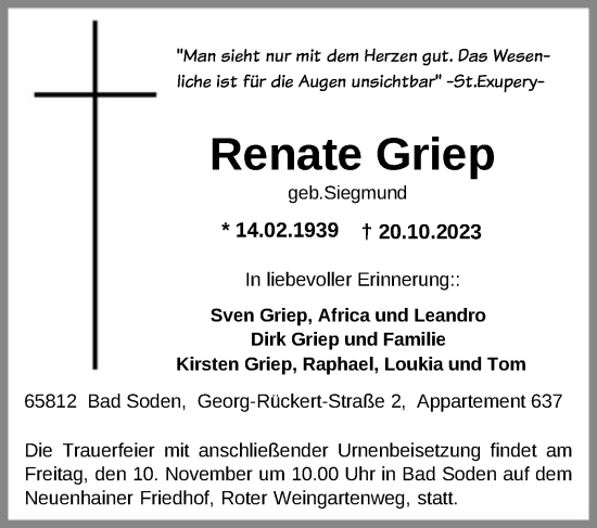 Traueranzeige von Renate Griep von FNP