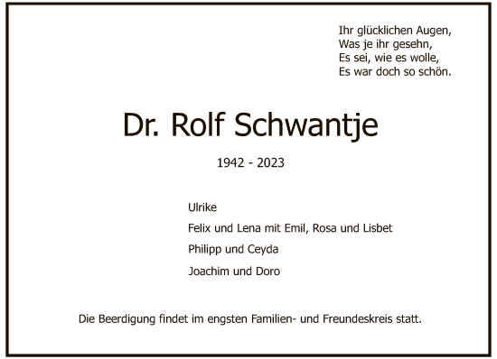 Traueranzeige von Rolf Schwantje von FNP