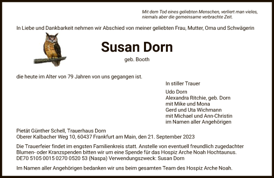 Traueranzeige von Susan Dorn von FNP