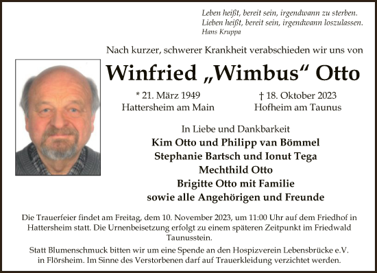 Traueranzeige von Winfried Otto von FNP