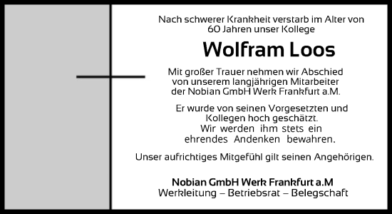 Traueranzeige von Wolfram Loos von FNP